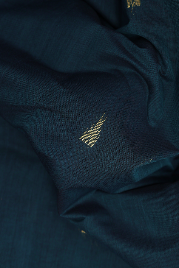 Kanchi Cotton Saree In Midnight Green With Temple Buttas