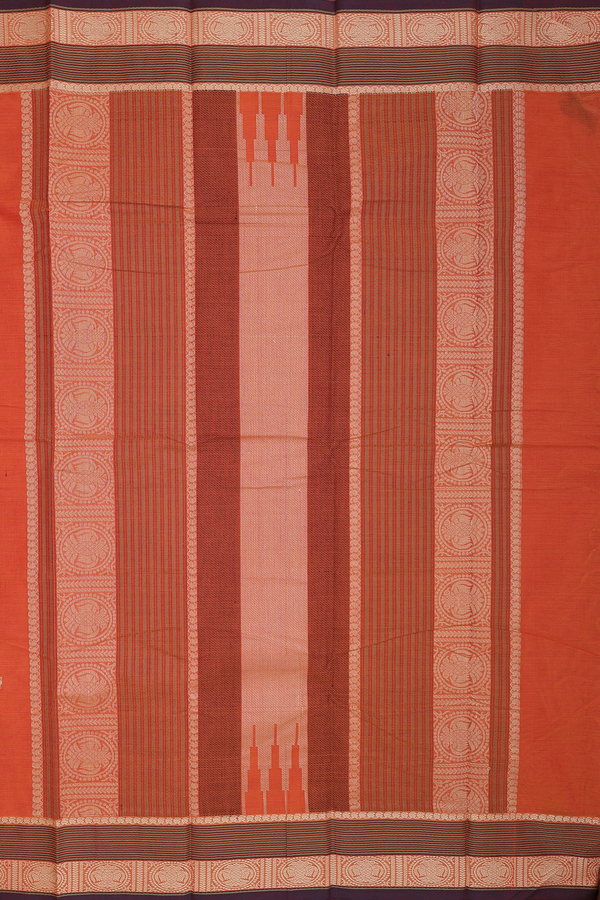 Kanchi Cotton Saree In Rust Orange With Peacock Buttas