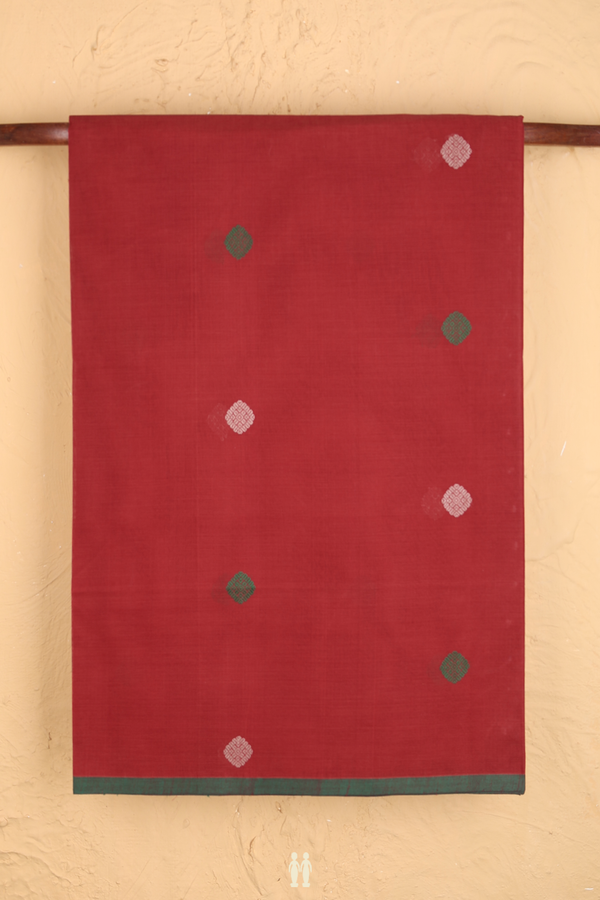 Coimbatore Cotton Saree In Rust Red With Threadwork Buttas