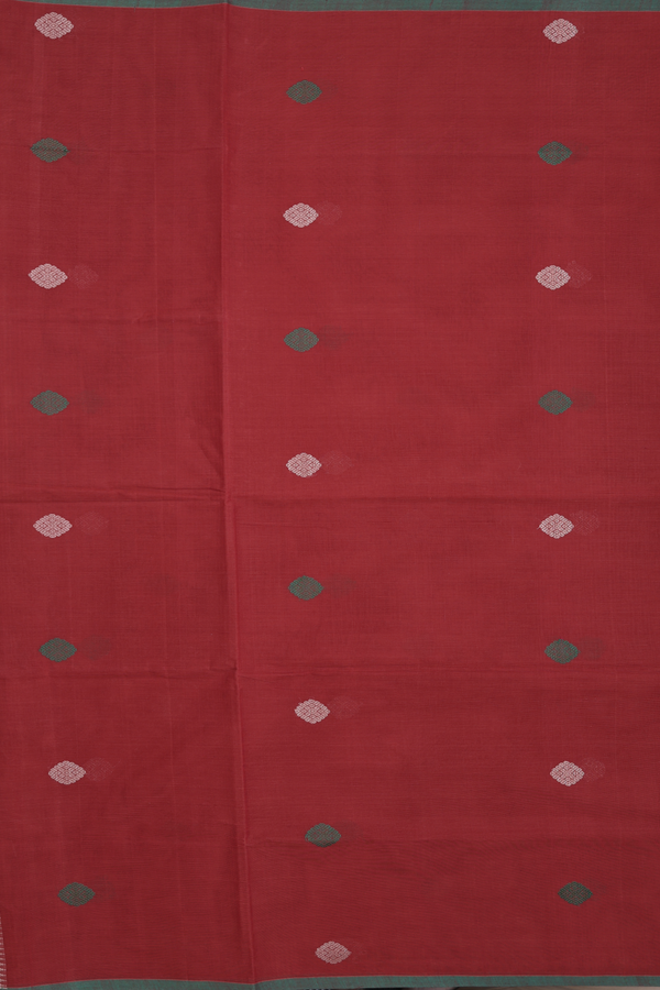 Coimbatore Cotton Saree In Rust Red With Threadwork Buttas