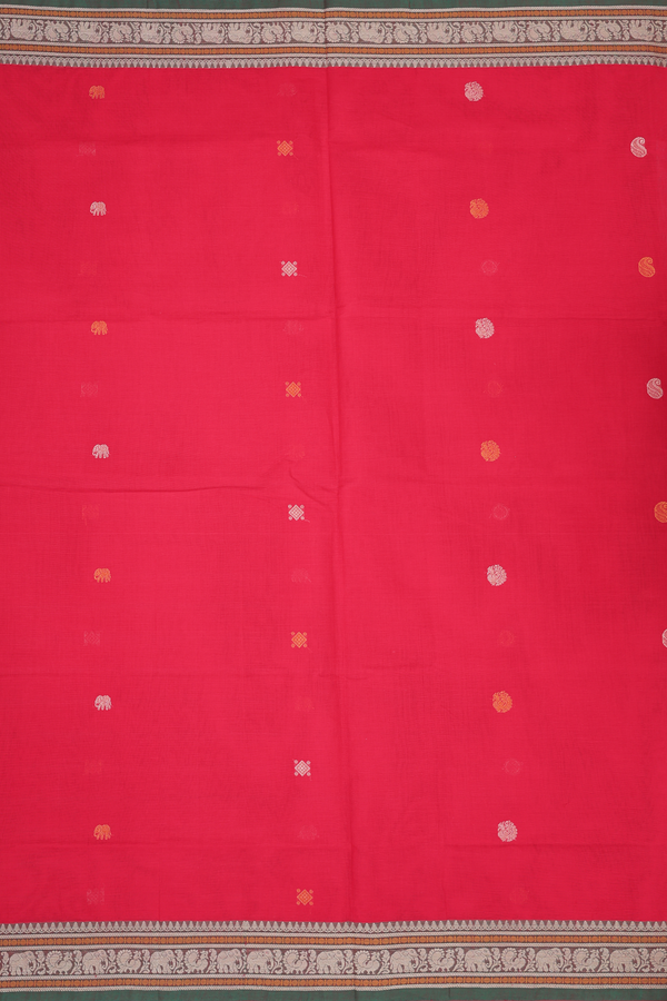 Coimbatore Cotton Saree In Chilli Red With Threadwork Buttas
