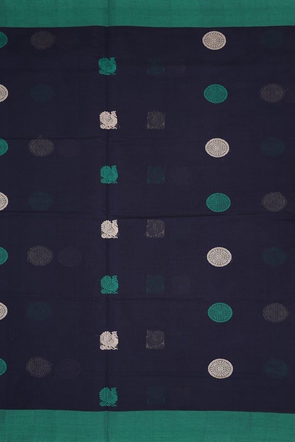 Coimbatore Cotton Saree In Navy Blue With Peacock Buttas