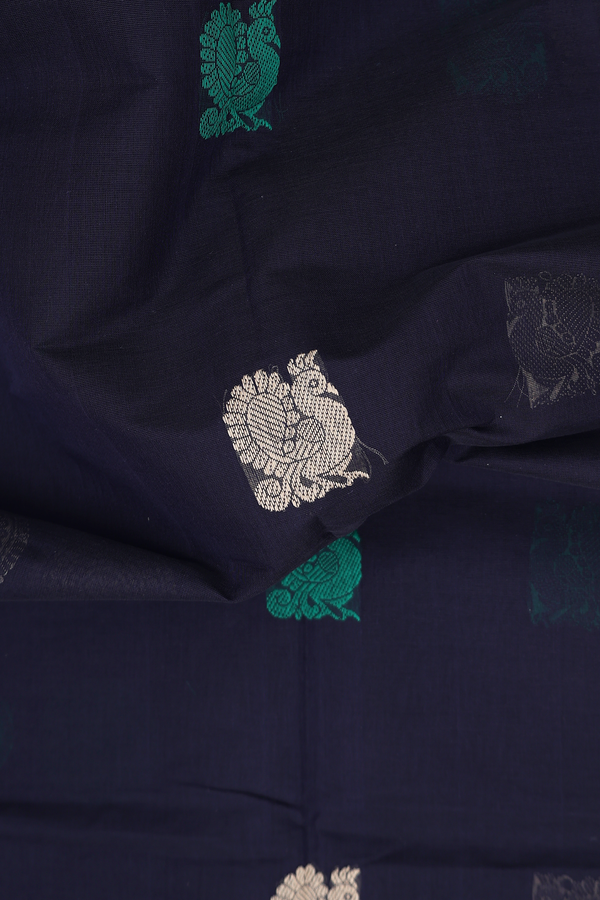 Coimbatore Cotton Saree In Navy Blue With Peacock Buttas