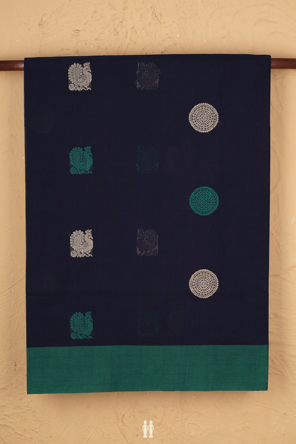 Coimbatore Cotton Saree In Navy Blue With Peacock Buttas