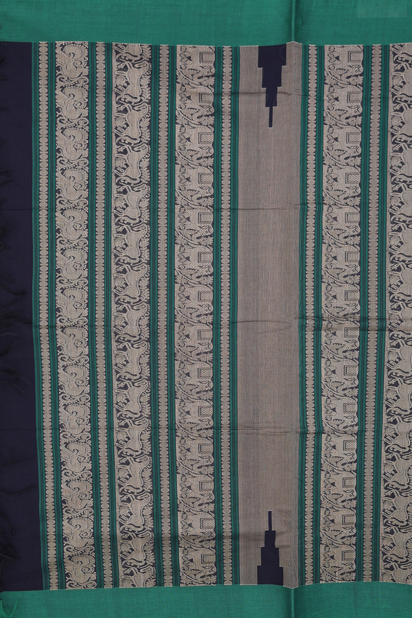 Coimbatore Cotton Saree In Navy Blue With Peacock Buttas