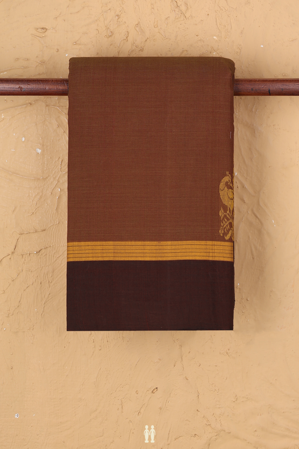 Kanchi Cotton Saree In Walnut Brown With Peacock Border