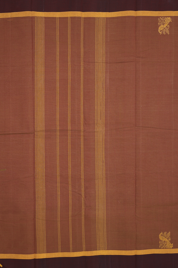 Kanchi Cotton Saree In Walnut Brown With Peacock Border