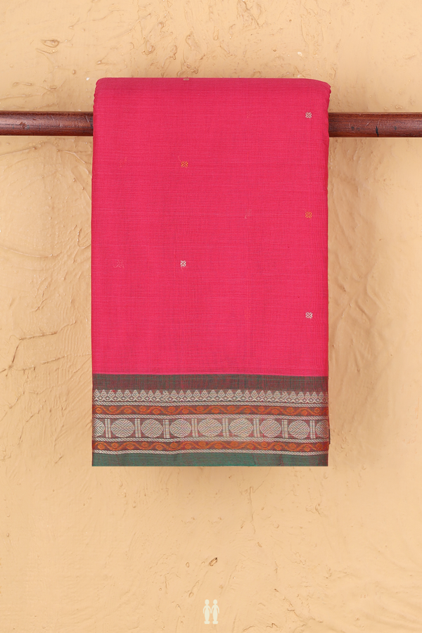 Chettinadu Cotton Saree In Rose Red With Threadwork Buttis