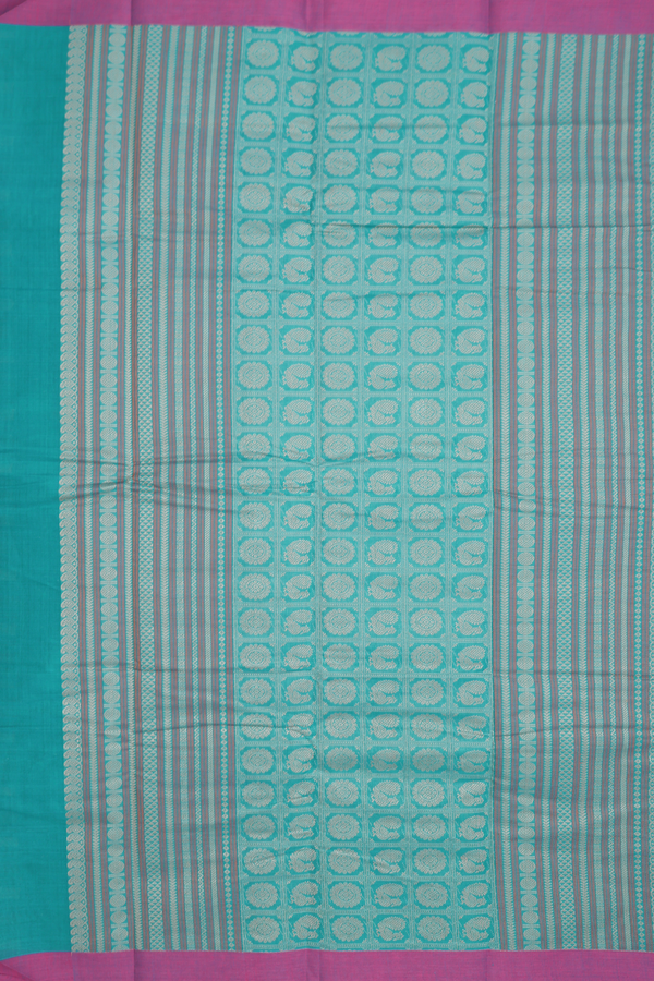 Chettinadu Cotton Saree In Peacock Blue With Stripes Design