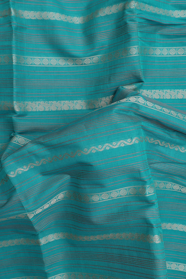 Chettinadu Cotton Saree In Peacock Blue With Stripes Design