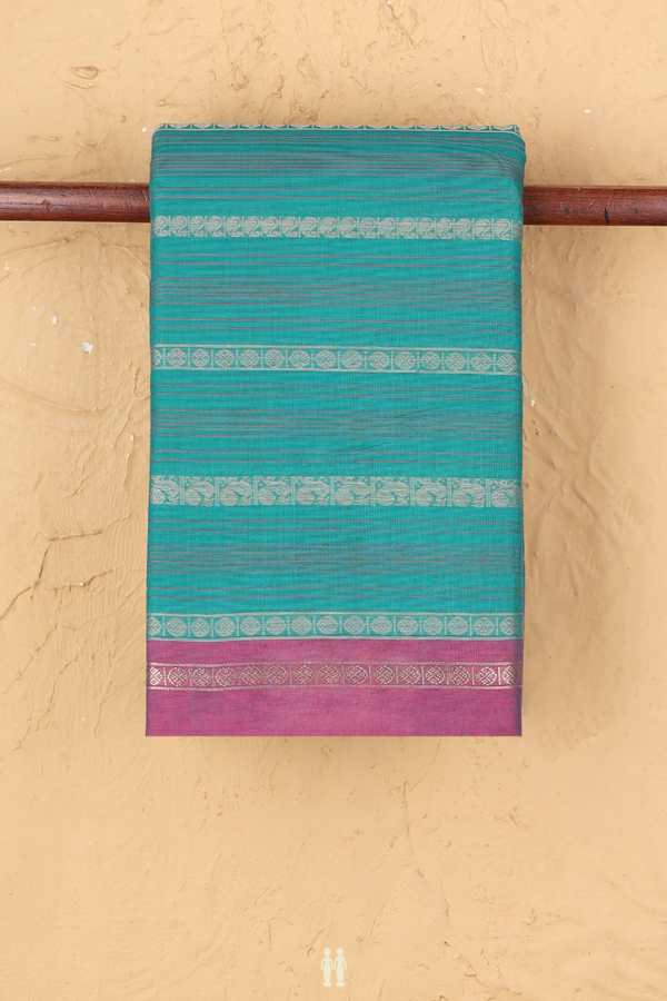 Chettinadu Cotton Saree In Peacock Blue With Stripes Design