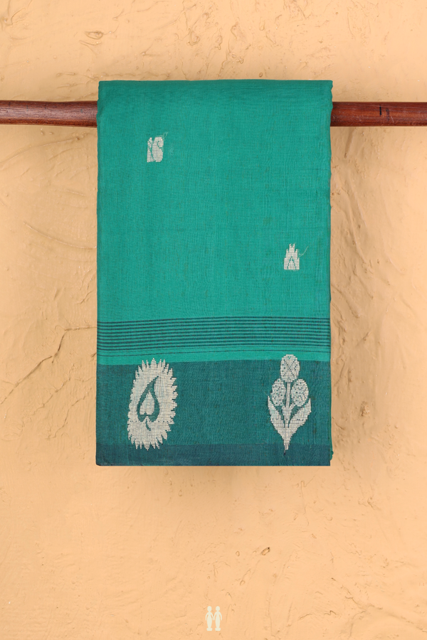 Kanchi Cotton Saree In Teal Green With Threadwork Buttas