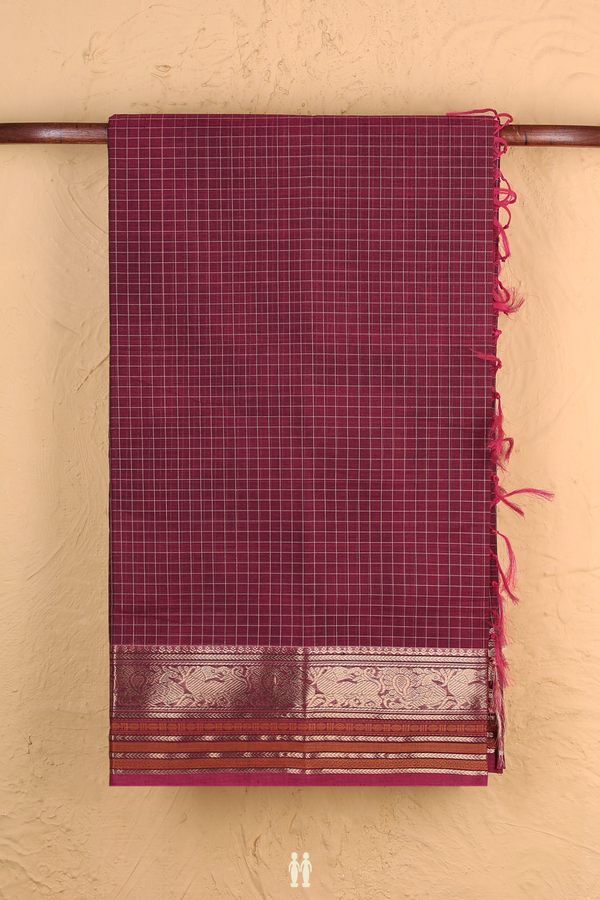 Coimbatore Cotton Saree In Deep Mulberry With Checks Design