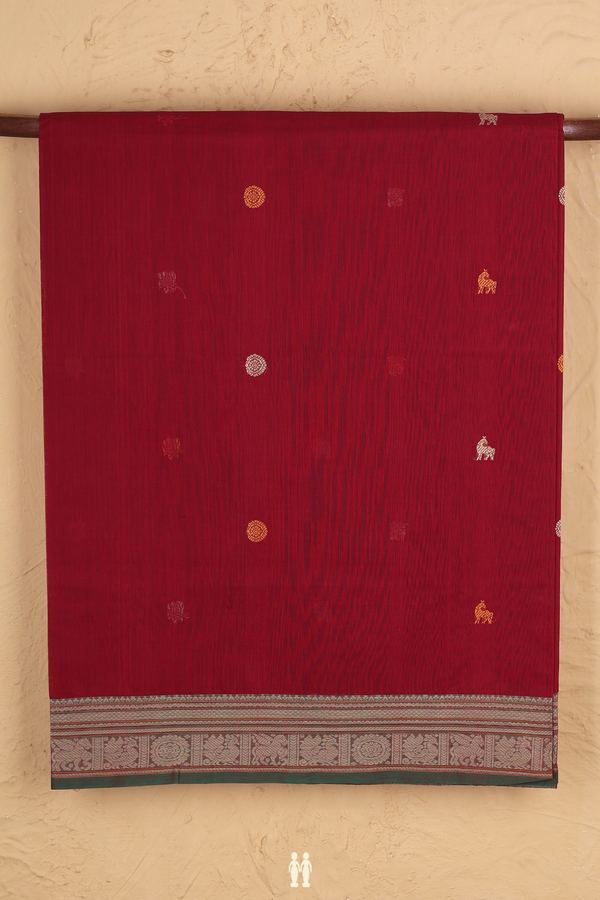 Coimbatore Cotton Saree In Crimson Red With Threadwork Buttas