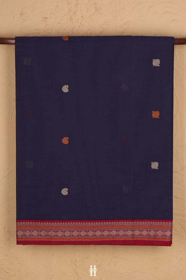Coimbatore Cotton Saree In Navy Blue With Threadwork Buttas