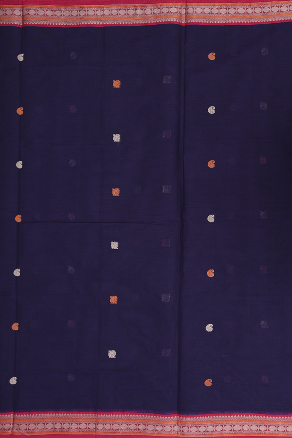 Coimbatore Cotton Saree In Navy Blue With Threadwork Buttas