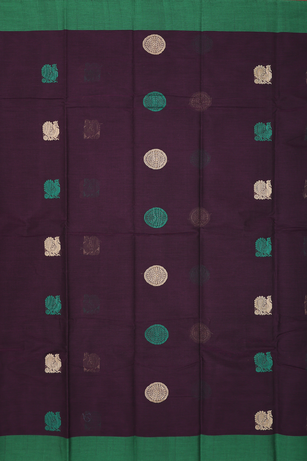 Kanchi Cotton Saree In Deep Purple With Peacock Buttas