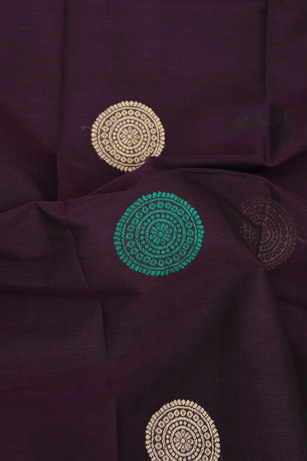 Kanchi Cotton Saree In Deep Purple With Peacock Buttas