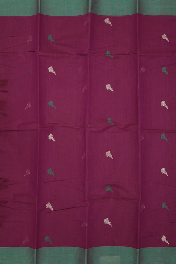 Kanchi Cotton Saree In Plum Purple With Parrot Buttas