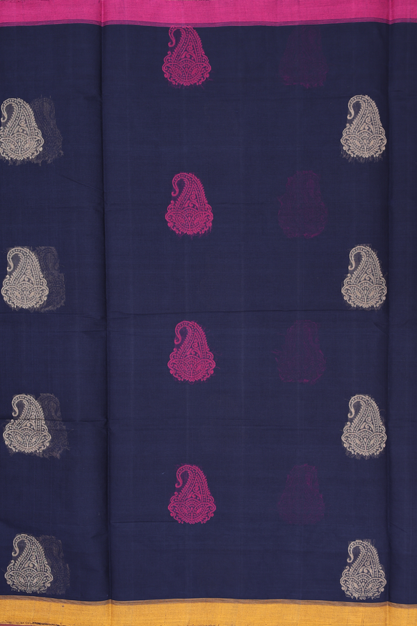 Coimbatore Cotton Saree In Navy Blue With Paisley Design