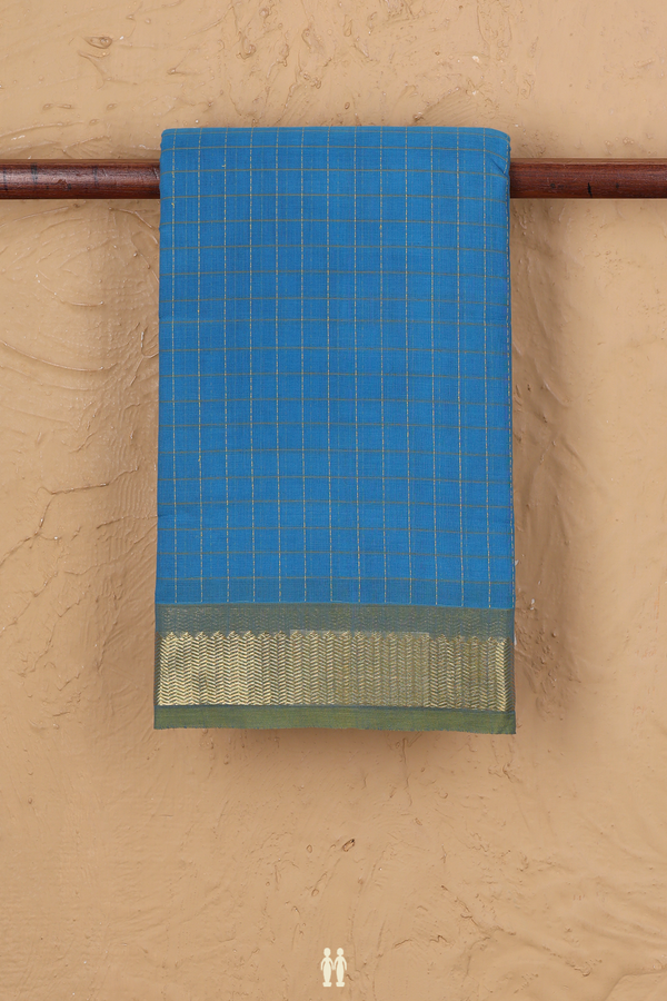 Kanchi Cotton Saree In Deep Sky Blue With Checks Design