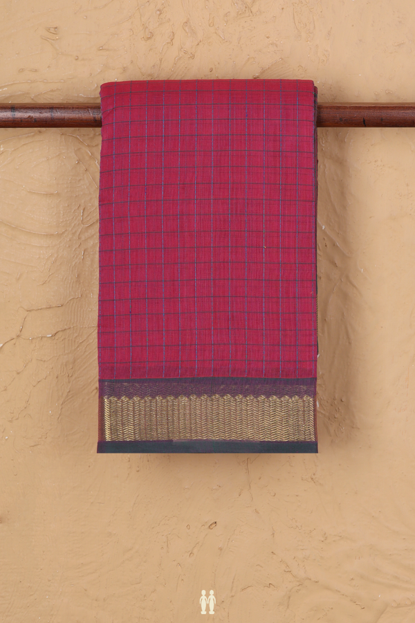 Kanchi Cotton Saree In Rose Red With Checks Design