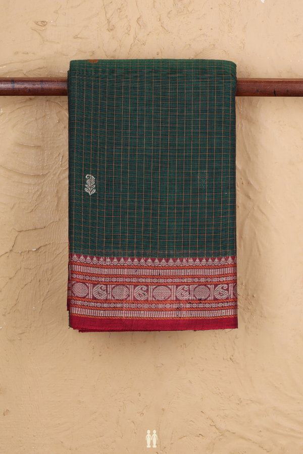 Coimbatore Cotton Saree In Forest Green With Checks Design