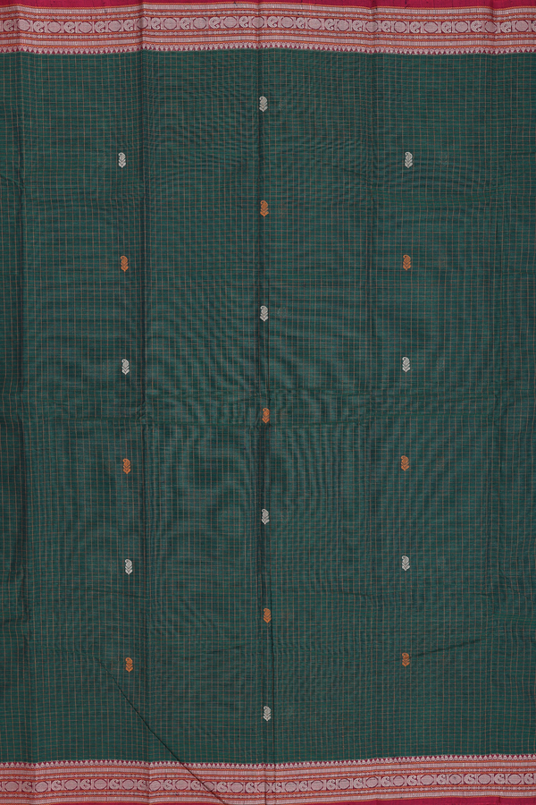 Coimbatore Cotton Saree In Forest Green With Checks Design