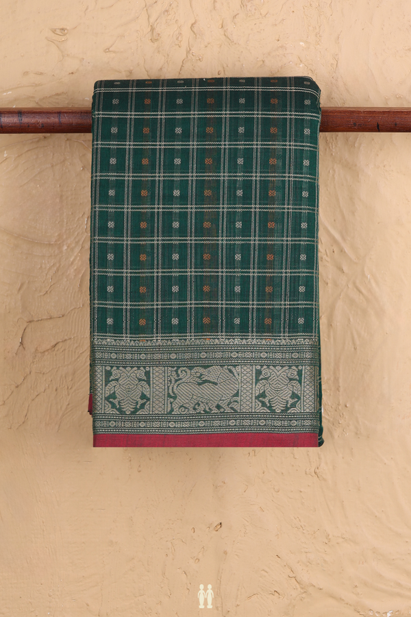 Coimbatore Cotton Saree In Forest Green With Checks Design