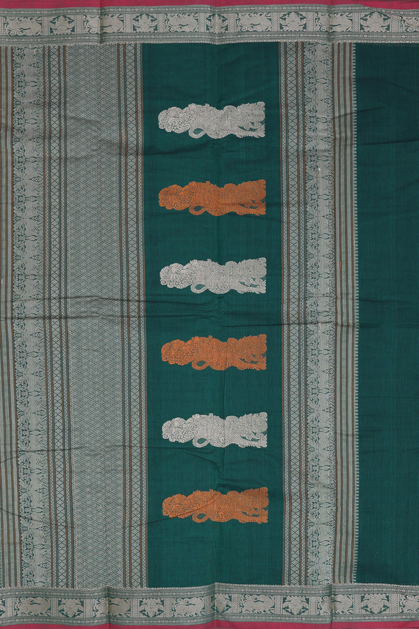 Coimbatore Cotton Saree In Forest Green With Checks Design