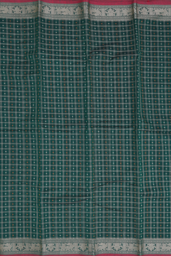 Coimbatore Cotton Saree In Forest Green With Checks Design