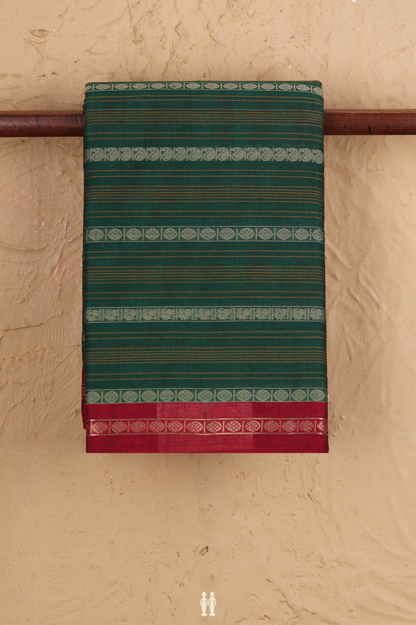 Coimbatore Cotton Saree In Forest Green With Stripes Design