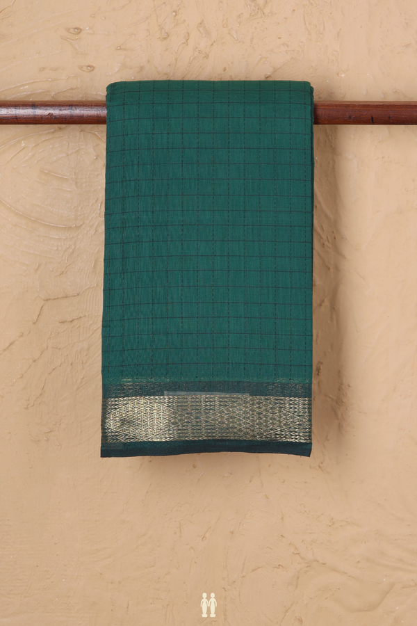 Kanchi Cotton Saree In Forest Green With Checks Design