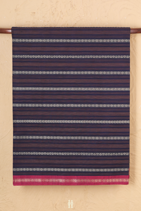 Coimbatore Cotton Saree In Navy Blue With Stripes Design