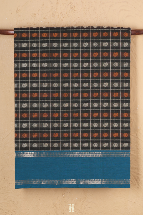 Coimbatore Cotton Saree Dark Olive Green With Checks Design