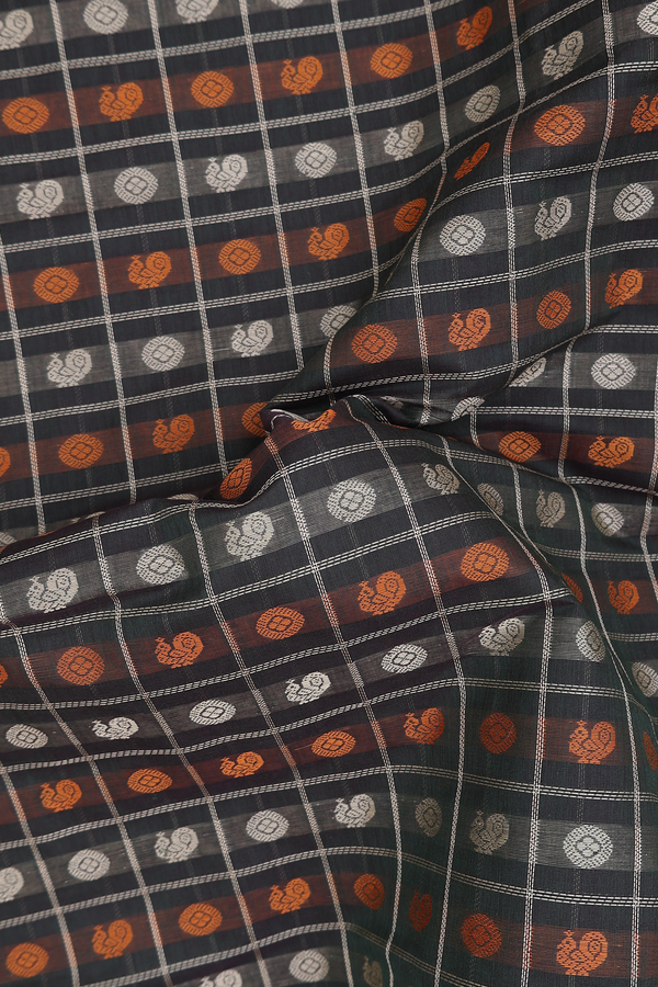 Coimbatore Cotton Saree Dark Olive Green With Checks Design