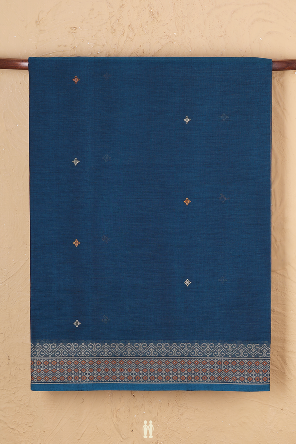 Coimbatore Cotton Saree Prussian Blue With Threadwork Buttas