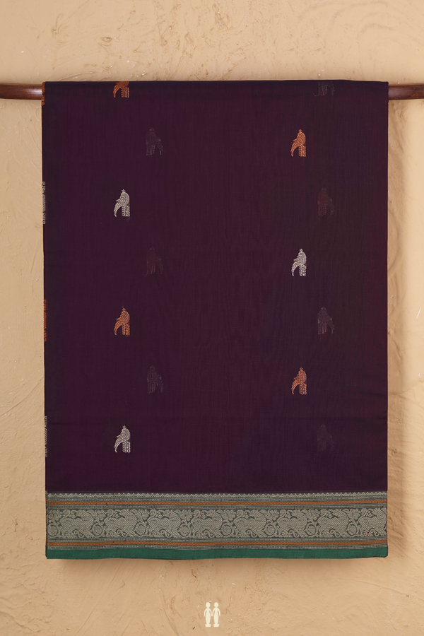 Coimbatore Cotton Saree Dark Plum Purple With Parrot Buttas