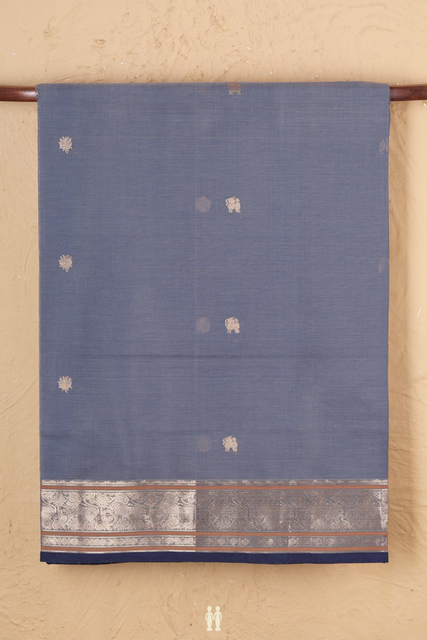 Coimbatore Cotton Saree In Steel Blue With Chakram Buttas