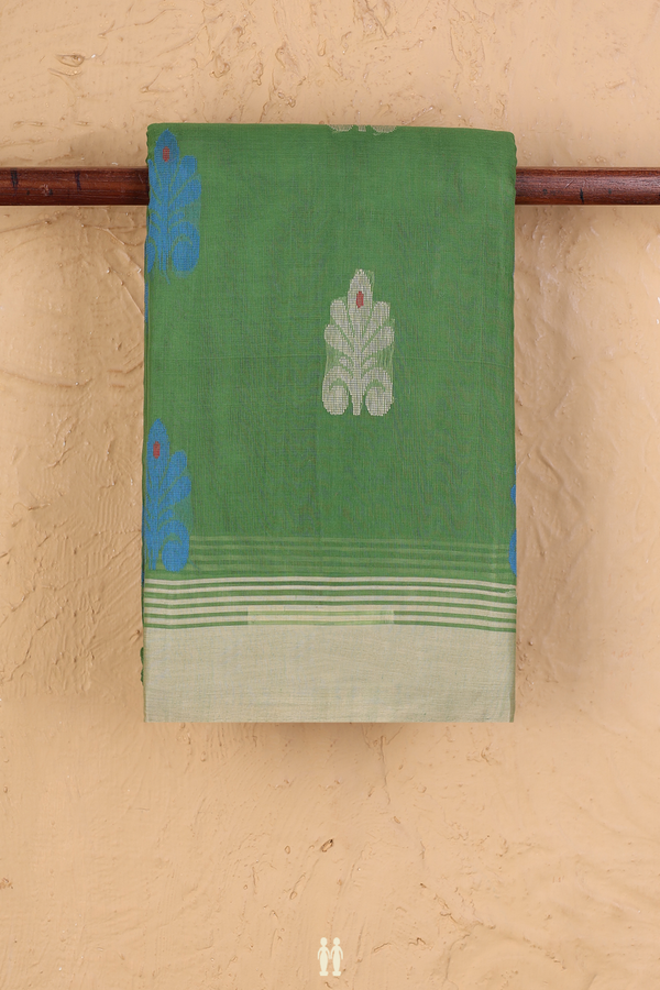 Kanchi Cotton Saree In Fern Green With Floral Buttas