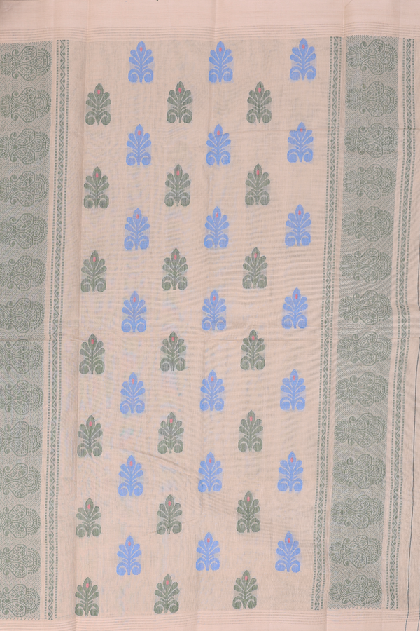 Kanchi Cotton Saree In Fern Green With Floral Buttas