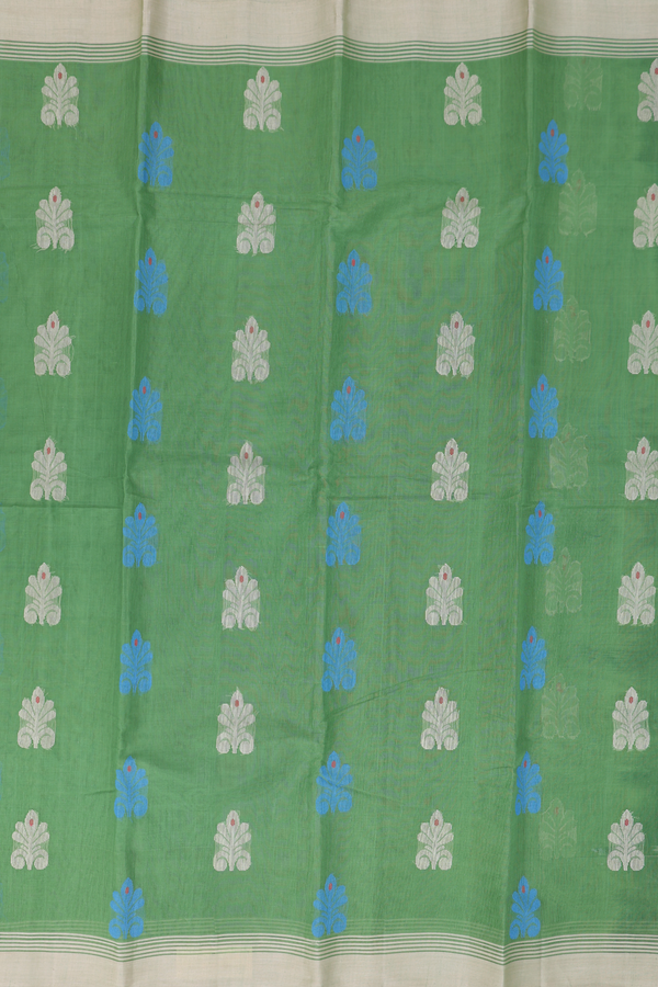 Kanchi Cotton Saree In Fern Green With Floral Buttas