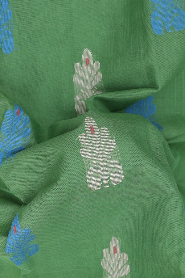 Kanchi Cotton Saree In Fern Green With Floral Buttas