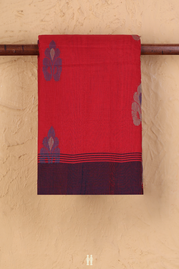 Kanchi Cotton Saree In Crimson Red With Floral Buttas