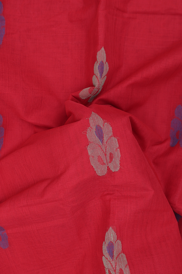 Kanchi Cotton Saree In Crimson Red With Floral Buttas