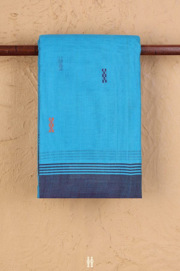 Kanchi Cotton Saree In Deep Sky Blue With Threadwork Buttas