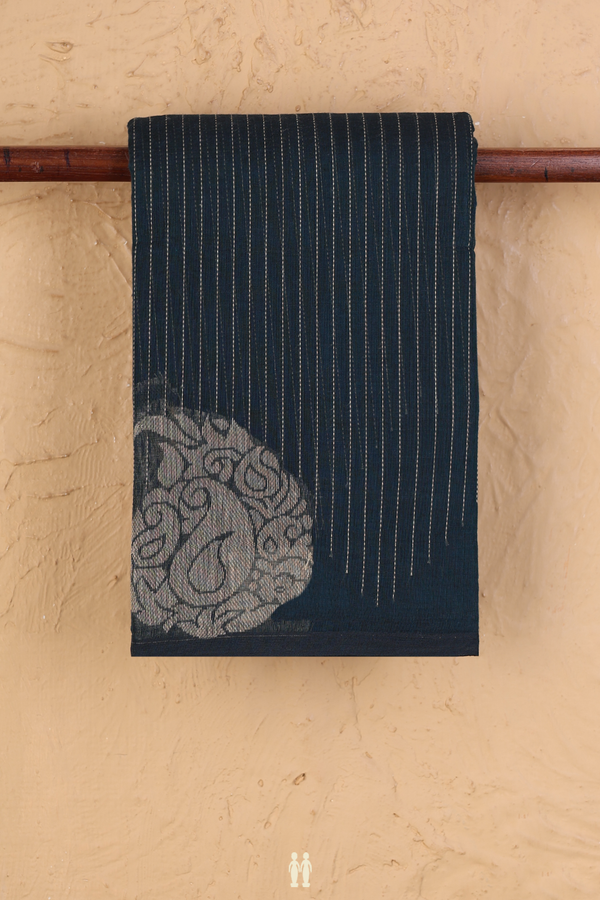 Kanchi Cotton Saree In Midnight Green With Stripes Design