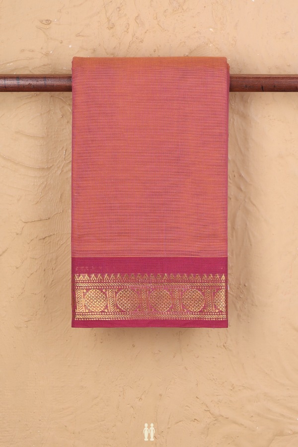 Kanchi Cotton Saree In Plain Coral Pink With Contrast Border