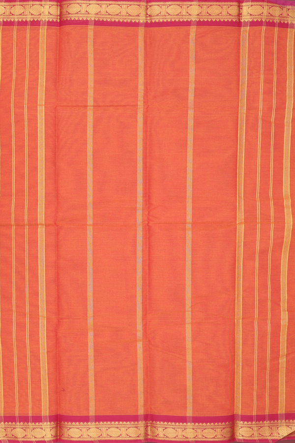 Kanchi Cotton Saree In Plain Coral Pink With Contrast Border