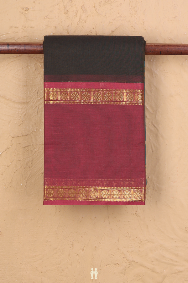 Kanchi Cotton Saree In Olive Green With Ganga Jamuna Border